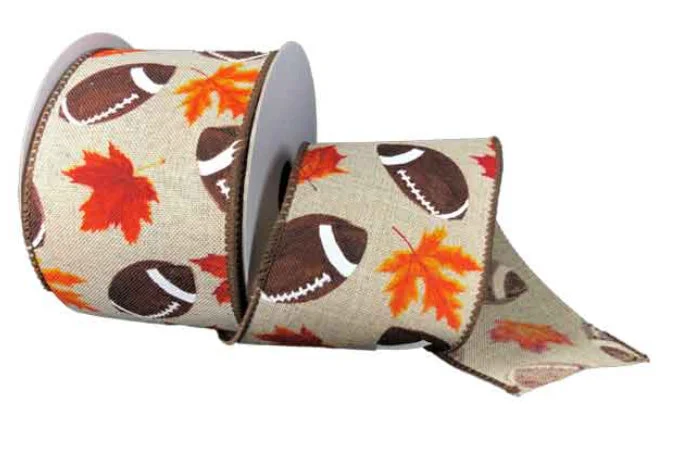 2.5"x 10yd Fall Leaf Football Wired Edge ribbon for crafts, bows, wreaths