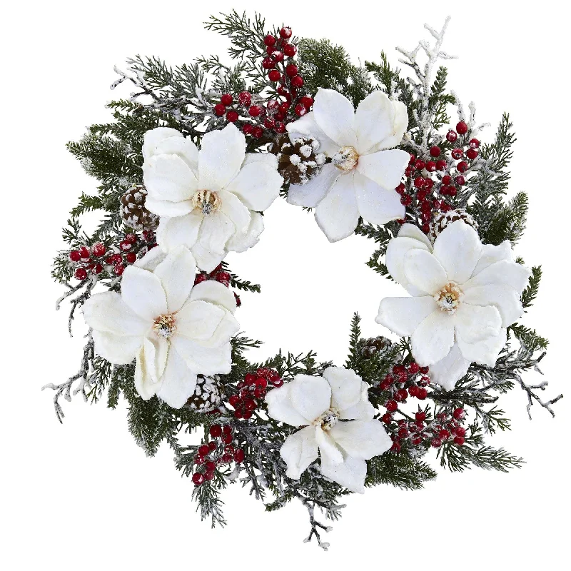 22" Snowed Magnolia & Berry Wreath