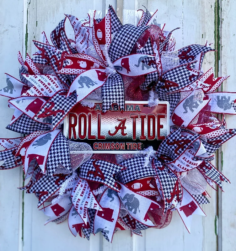 24" Round Alabama Crimson Tide Mesh and Ribbon Wreath, Front Door Welcome Party Decoration, Football Fan Gift