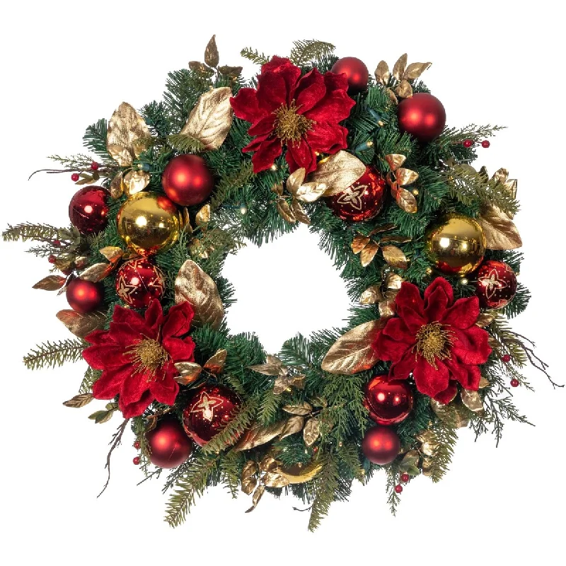 30 in. Lighted Christmas Wreath - Golden Leaf Red Magnolia - 30 Inch