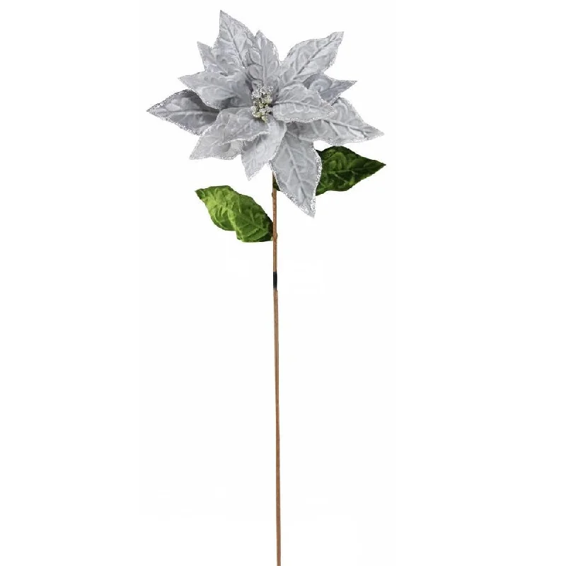 30" Silver Velvet Glitter Poinsettia Floral Pick Stem