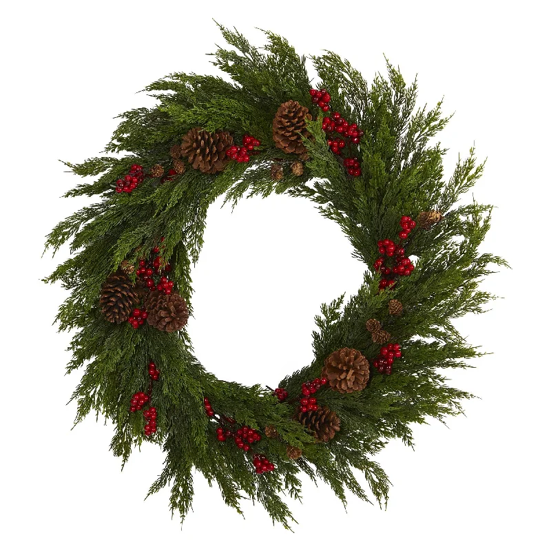 32'' Cypress with Berries and Pine Cones Artificial Wreath