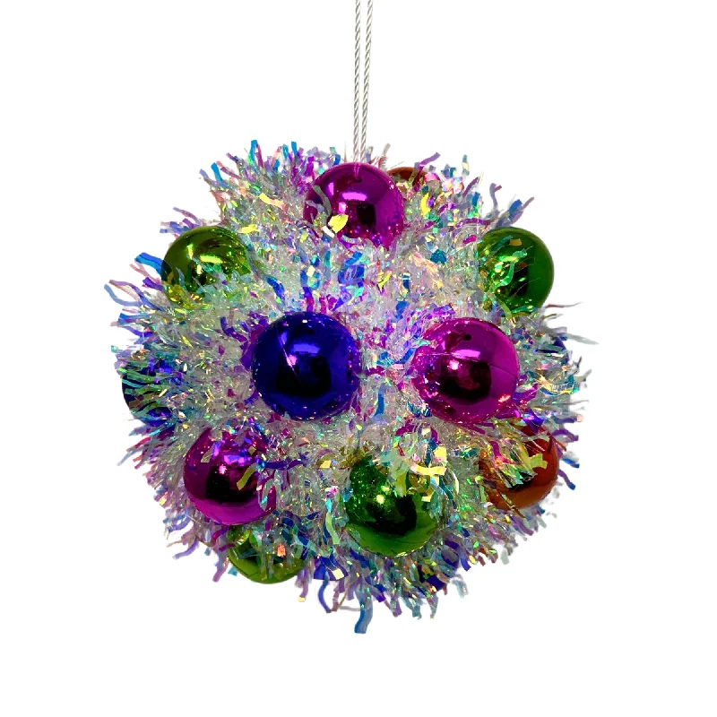 4.5" Multicolor Tinsel Ball Ornament Set Of 2