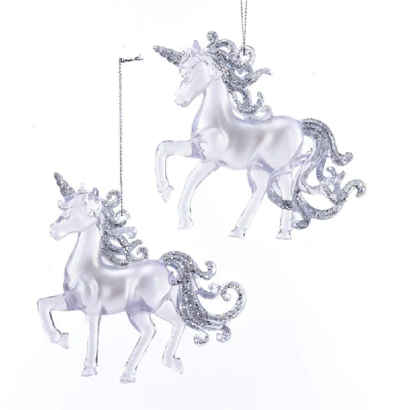 4" Clear with Silver Glitter Unicorn Ornaments