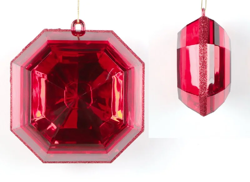 6" Clear Red Square Jewel Ornament Set Of 2