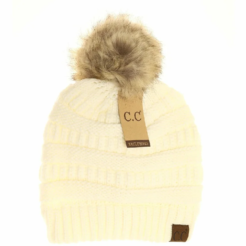 CC Beanie : Fur Pom CC Beanie in Ivory