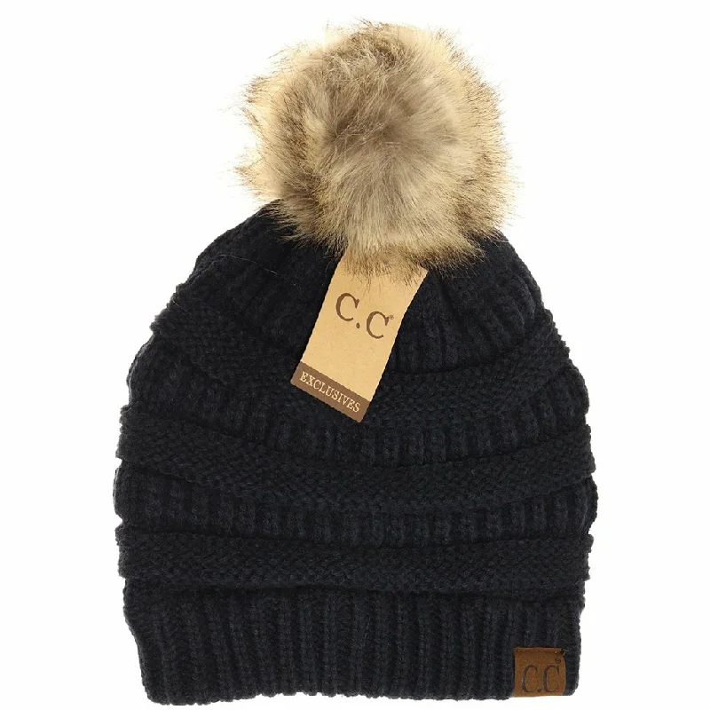 CC Beanie : Fur Pom CC Beanie in Navy