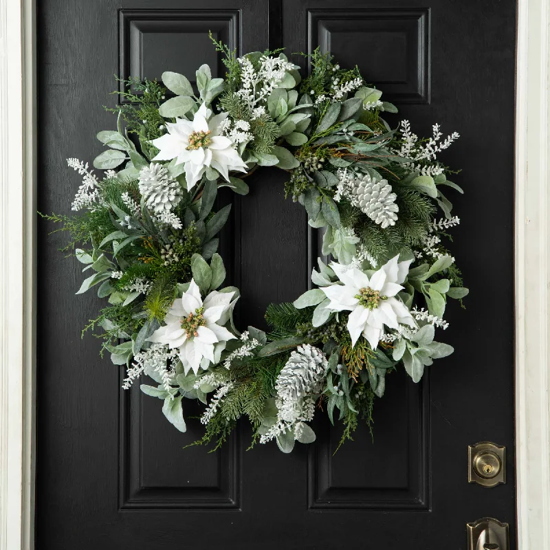 Dreaming of A White Christmas - Velvet Poinsettia & Pinecone with Flocked Lamb's Ear & Seeded Eucalyptus Front Door Holiday Wreath