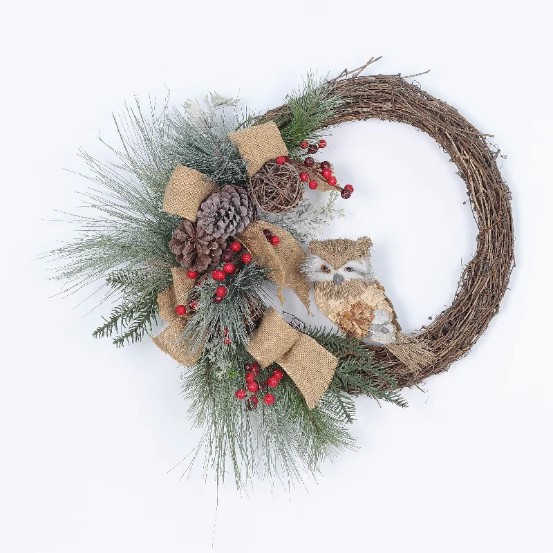 Grape vine wreath with owl, pine and pinecones