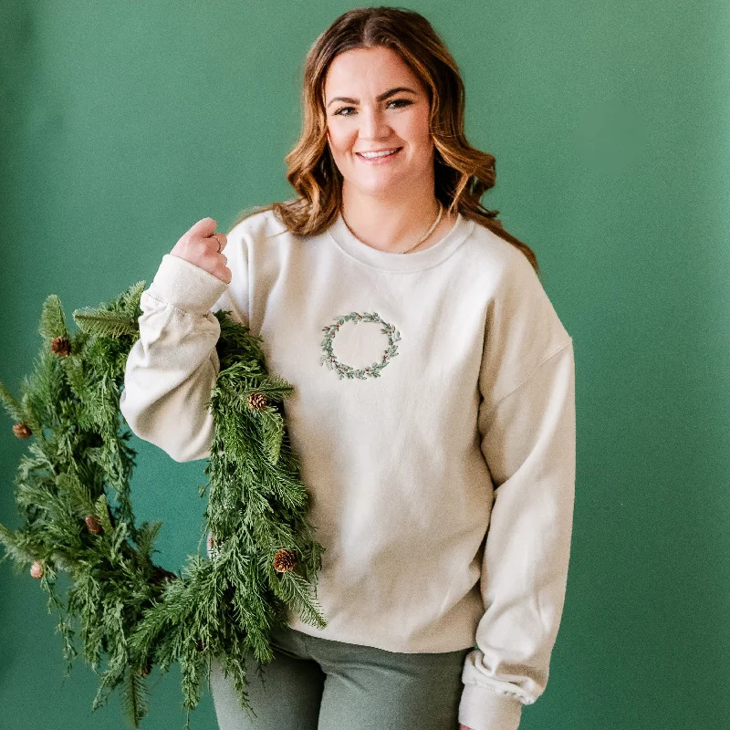 Embroidered Wreath (center) - BASIC Fleece Crewneck