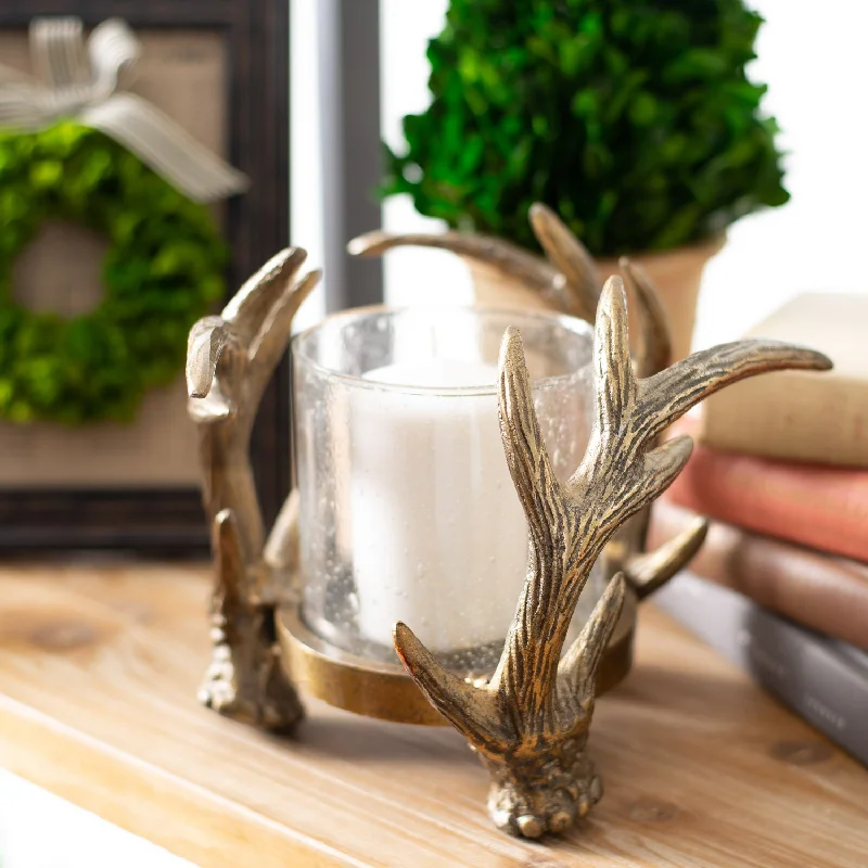 Eric + Eloise Antiqued Brass Metal Rustic Antler Candle Holder & Glass Votive - 2 Size Options