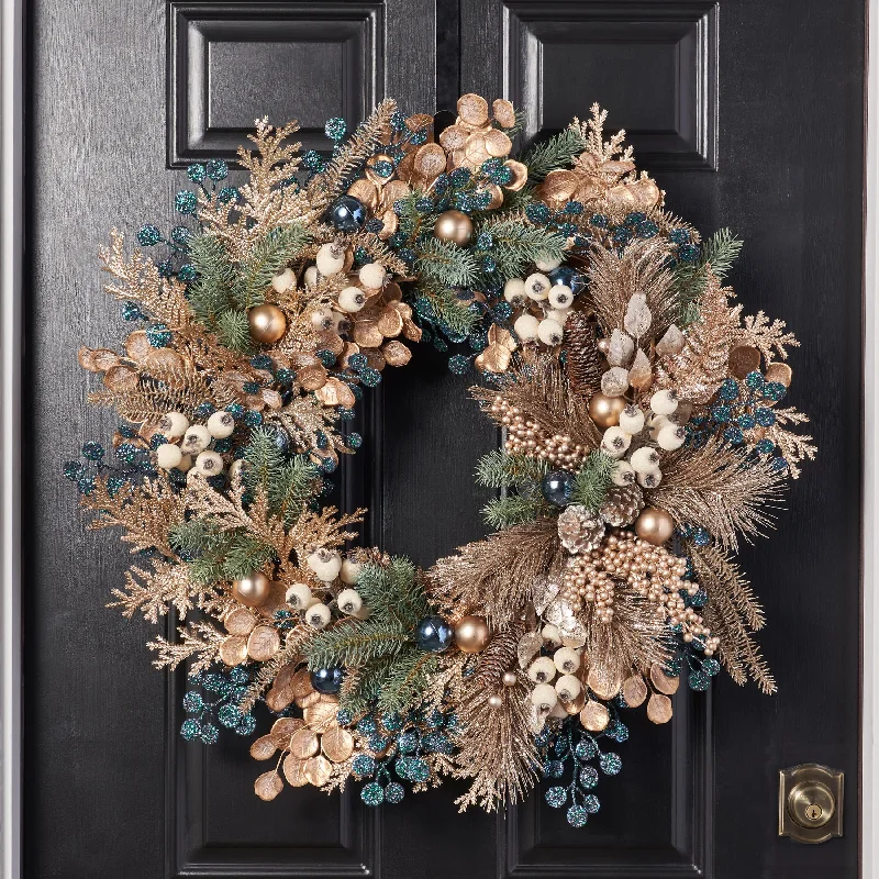 Gilded Cedar, Champagne Berry & Blue Turquoise Sparkle Eucalyptus Holiday Christmas Front Door Wreath