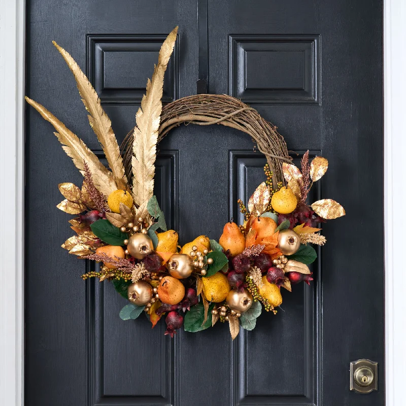 Gilded Harvest Soiree - Autumn Pear, Burgundy & Gold Pomegranate, Gold Feathers Thanksgiving Fall Wreath