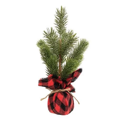 Glittered Pine Tree with Red Black Buffalo Check Base