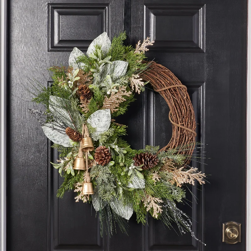 Golden Ice - Frosted Mistletoe, Gilded Cedar & Mixed Winter Greens with Gold Bells Christmas Front Door Mantel Wreath