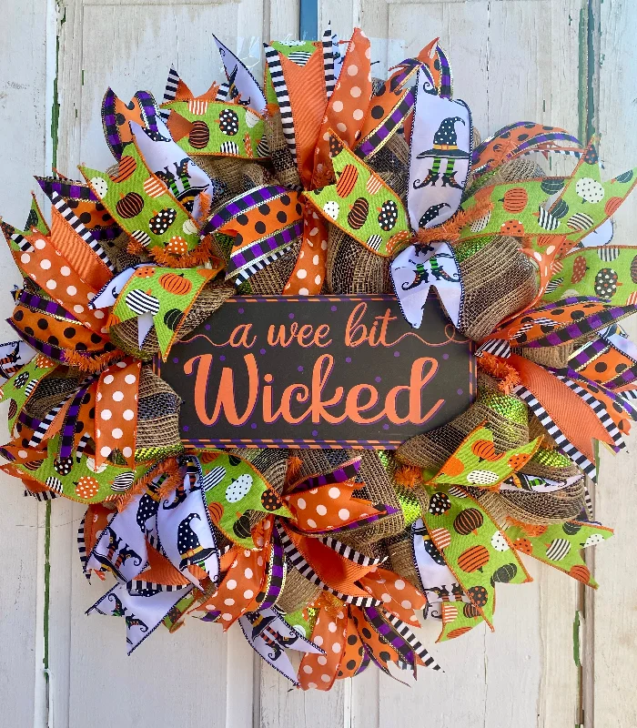 Halloween Mesh Wreath, 24 inch, Wicked Wooden Sign, Witch Hat, Pumpkin, Polka Dot Ribbons, Orange Green White Black