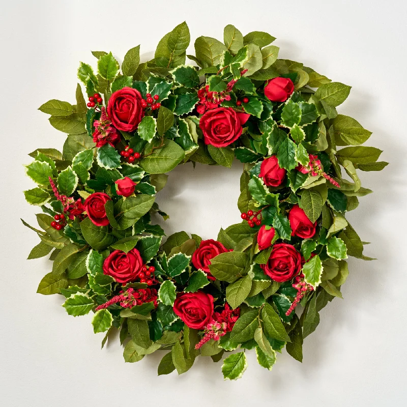 Holly Jolly Christmas - Red Rose, Green Salal Leaf & Variegated Berry Holiday Front Door Wreath