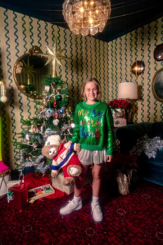 Kids Full Sequin Green Merry Everything Sweater