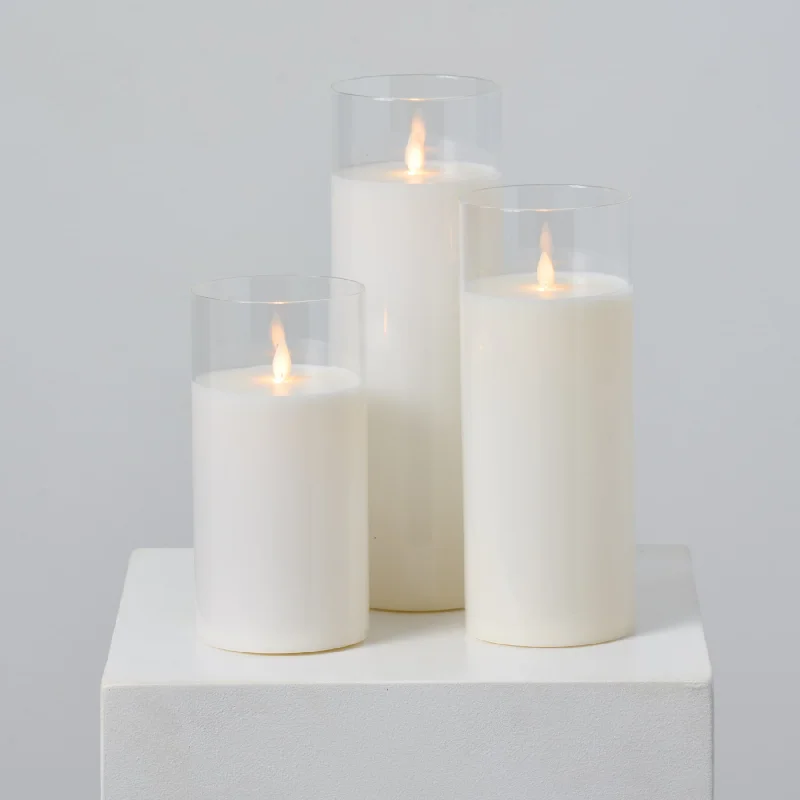 Large Moving Flameless LED White Glass Pillar Candles with Remote - Set of 3