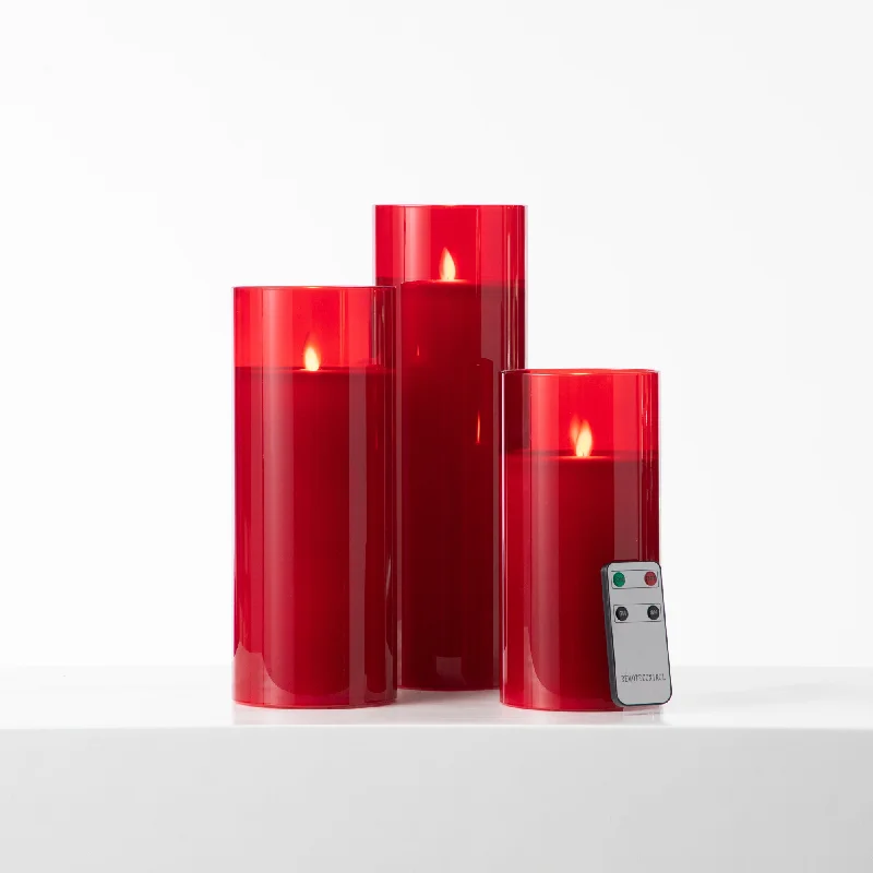 Large Moving Flameless LED Red Glass Pillar Candles with Remote- Set of 3