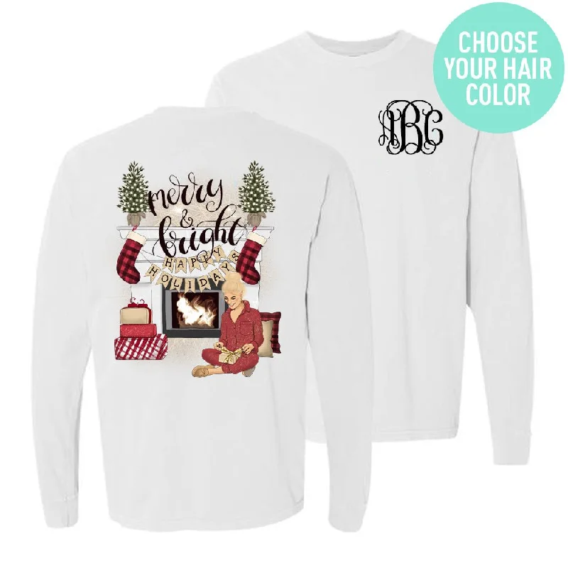 Monogrammed 'Merry & Bright' Front & Back Long Sleeve T-Shirt