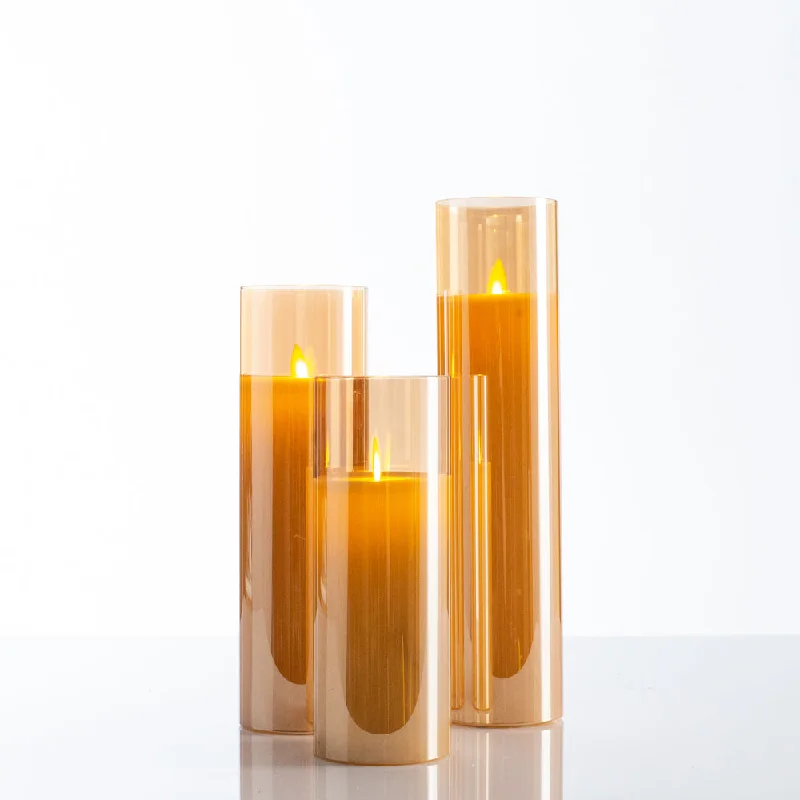 Tall Moving Flameless LED Amber Glass Pillar Candles with Remote- Set of 3