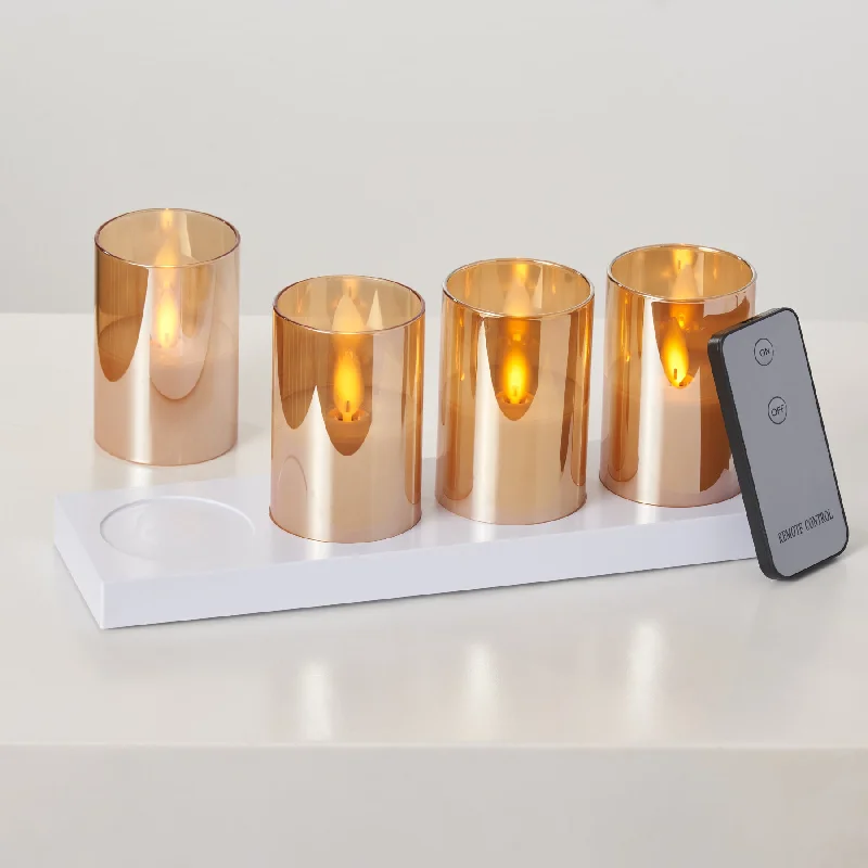 Rechargeable Amber Glass Moving Flameless LED Votive Candles with Remote - Set of 4