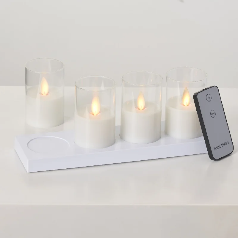 Moving Flameless LED White Glass Rechargeable Votive Candles with Remote - Set of 4