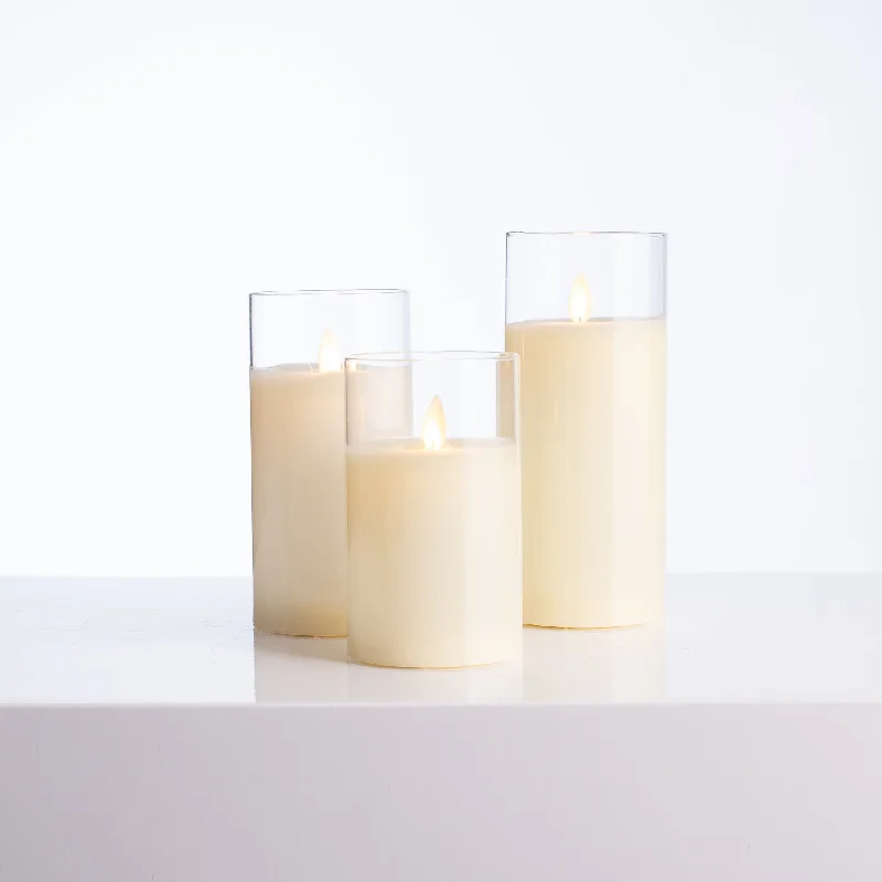 Moving Flameless LED Glass & Cream Pillar Candles with Remote - Set of 3