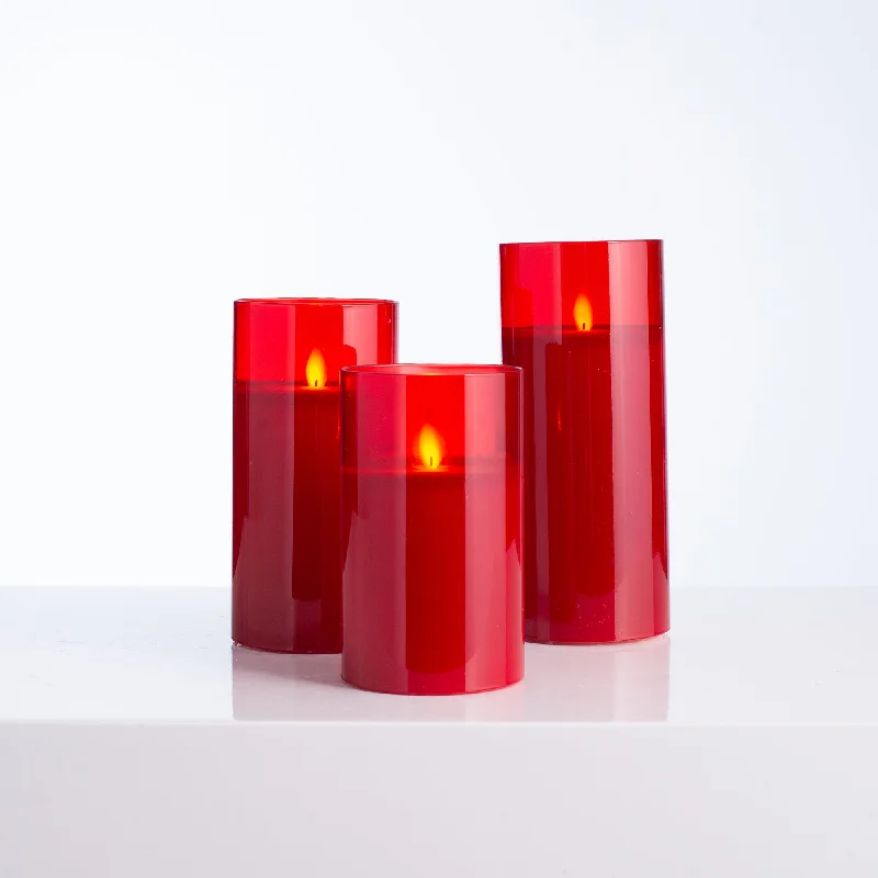 Moving Flameless LED Red Glass Pillar Candles with Remote - Set of 3