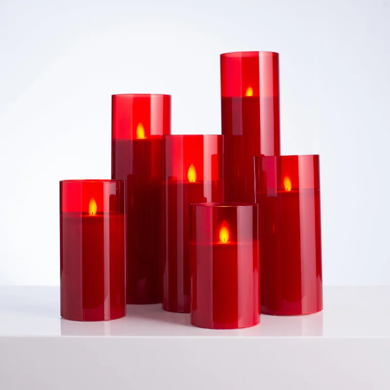 Moving Flameless LED Red Glass Pillar Candles with Remote - Set of 6