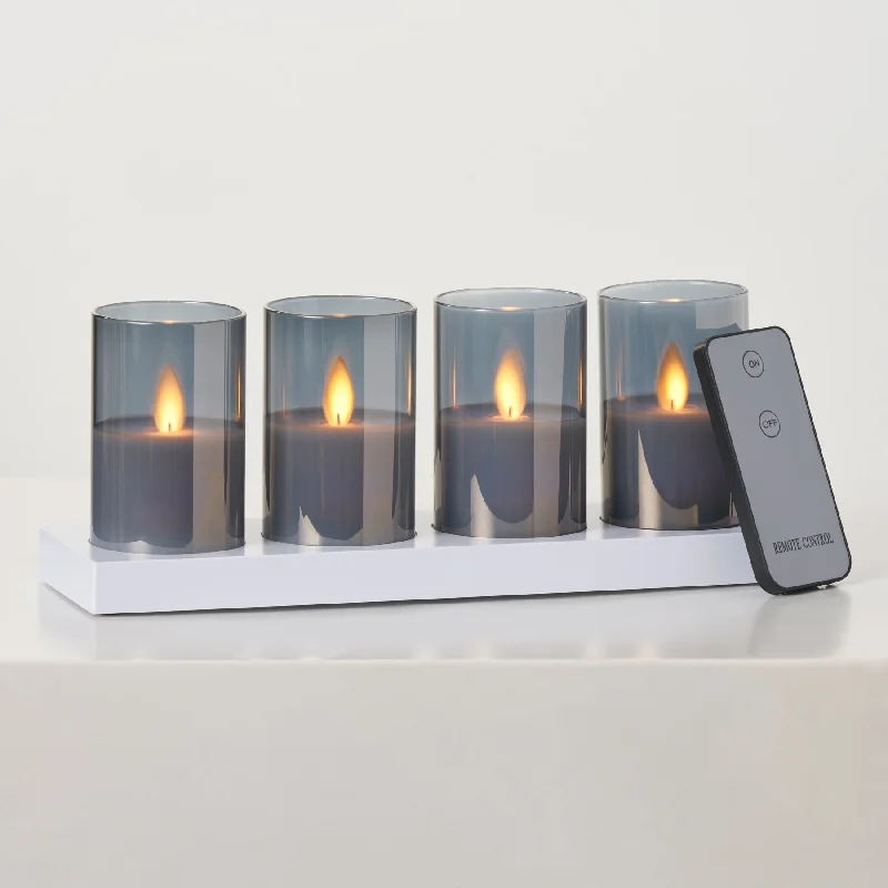 Rechargeable Smoke Glass Moving Flameless LED Votive Candles with Remote - Set of 4