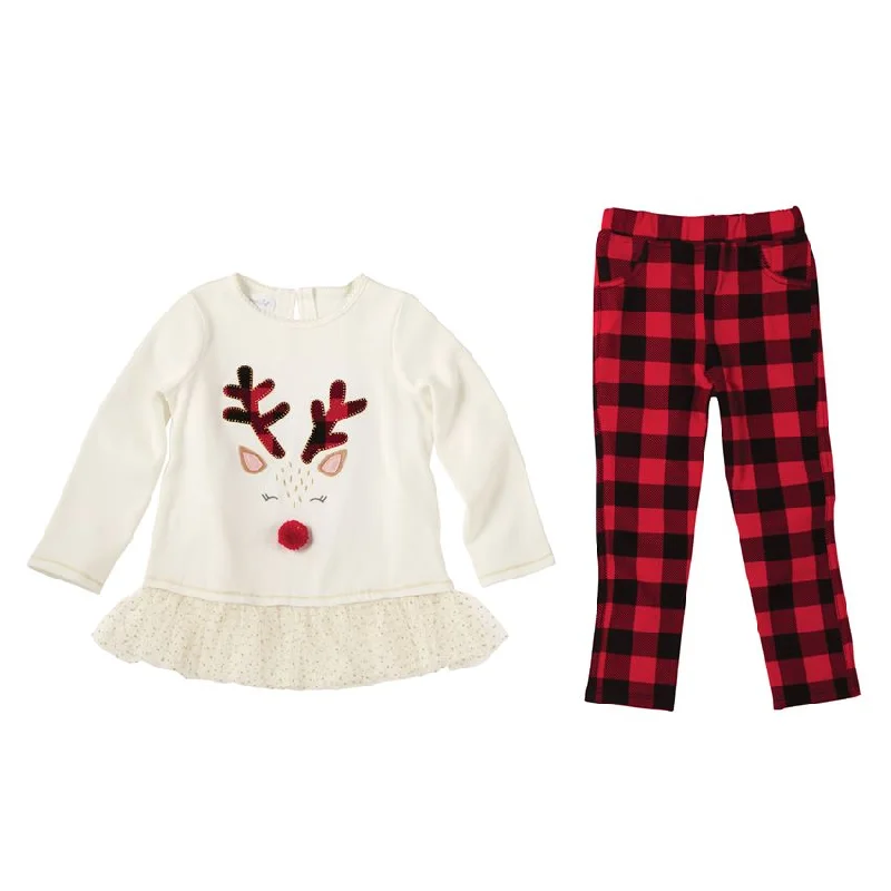 Mud Pie Alpine Reindeer Buffalo Check Legging Set