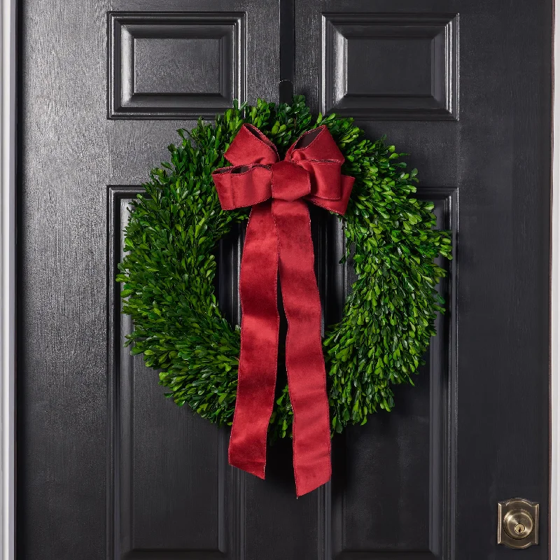 Natural Preserved Green Boxwood Holiday Wreath with Burgundy Red Ribbon Bow