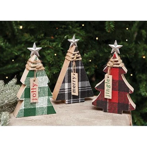 Plaid Chunky Wood Christmas Tree 3 Asstd