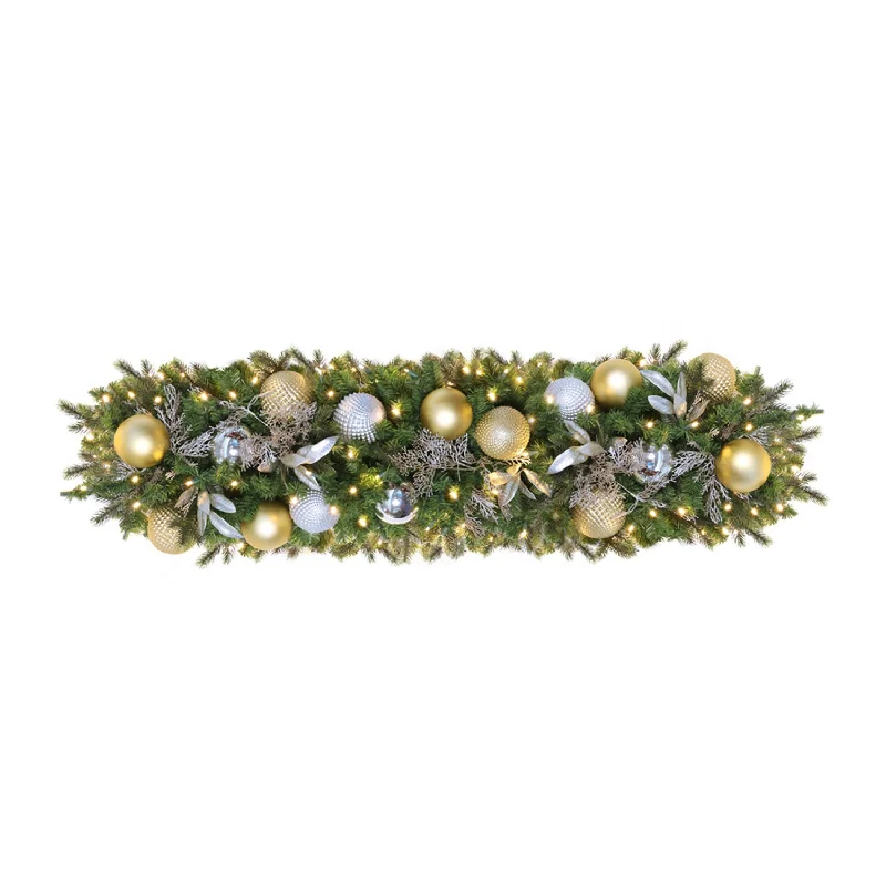 Garland, Pre-Decorated Indoor: Mixed Pine PVC/PE Greenery, LED Warm White, 9-foot section