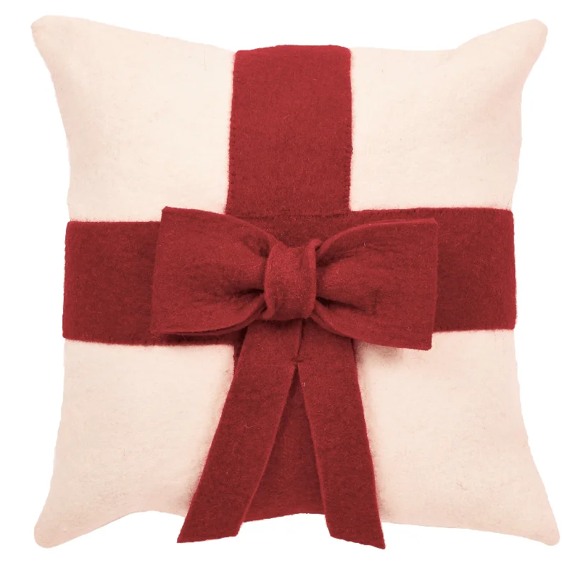 Red Bow on Cream Christmas Pillow Cover in Hand Felted Wool, 14"