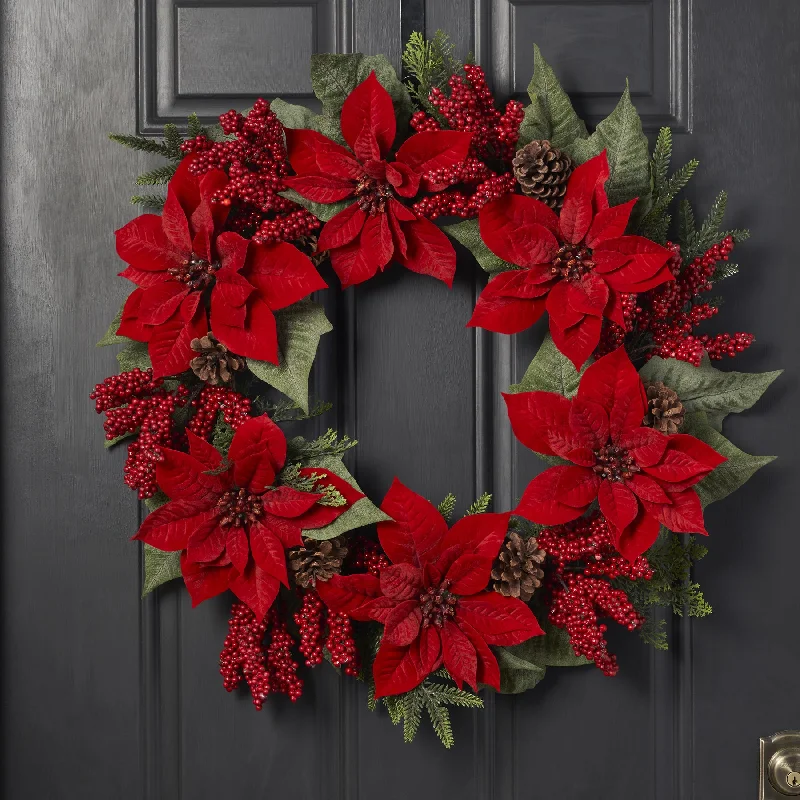 Red Velvet Poinsettia, Pinecone, & Winter Berry Christmas Front Door Mantle Wreath