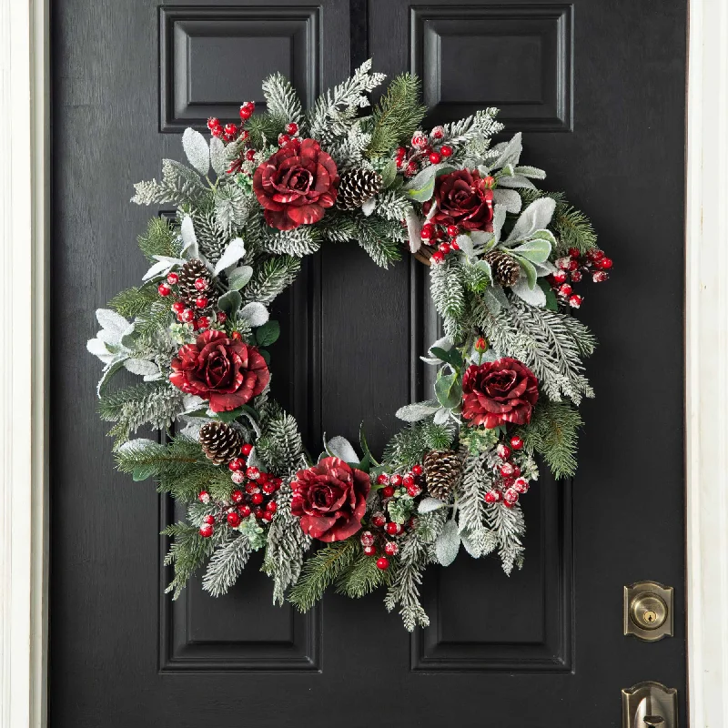 Winter Red Rose, Snowy Lamb's Ear & Red Berry Front Door Christmas Wreath