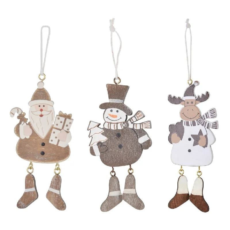 Set Of 6 Novelty Christmas Wooden Tree Decorations Boxed