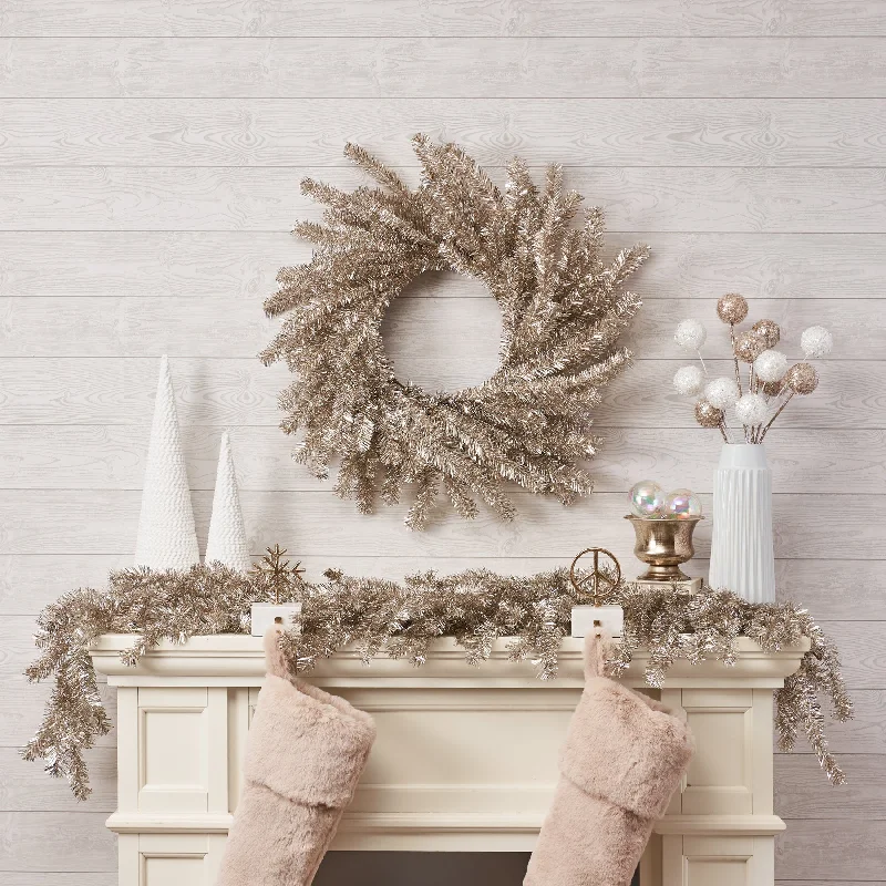 Silver & Gold Metallic Soft Touch Tinsel Wreath Glitzy New Year's Holiday Party Mantel Decor