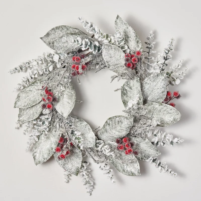 Snow Covered Magnolia Leaf & Eucalyptus with Iced Sugar Berry Seed Pods Holiday Winter Wreath