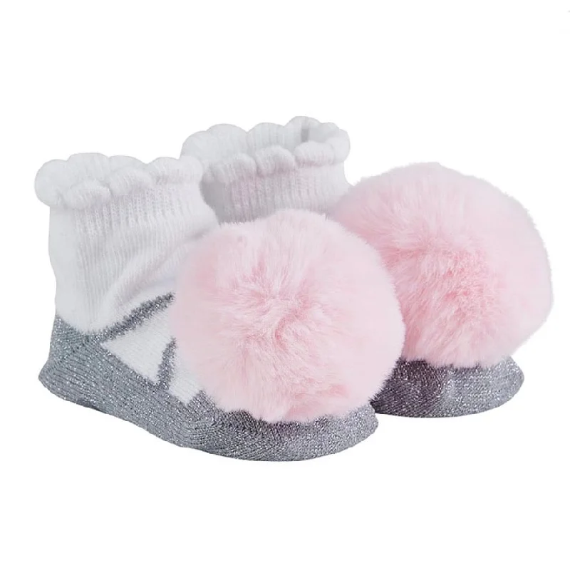 Stephan Baby Silver and Pink Fur Pom Pom Socks