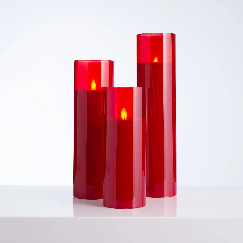 Tall Moving Flameless LED Red Glass Pillar Candles with Remote - Set of 3