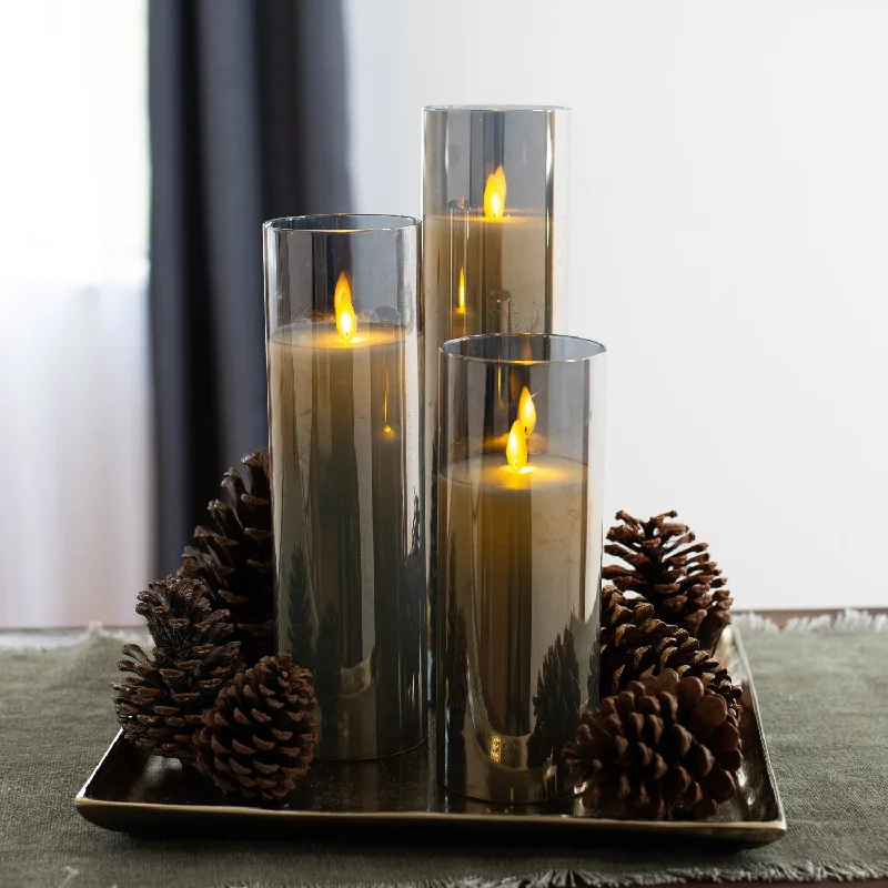 Tall Moving Flameless LED Smokey Glass Pillar Candles with Remote- Set of 3