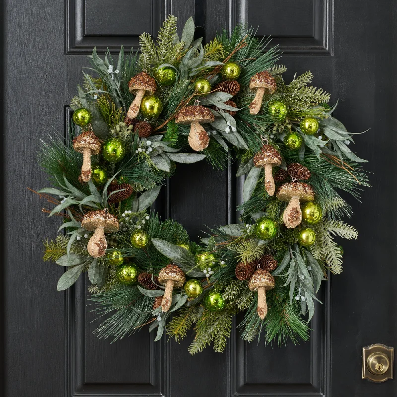 Twinkling Toadstool Forest - Frosted Long Needle & Forest Pine, Glitter Mushroom, Green Mini Ball Christmas Wreath