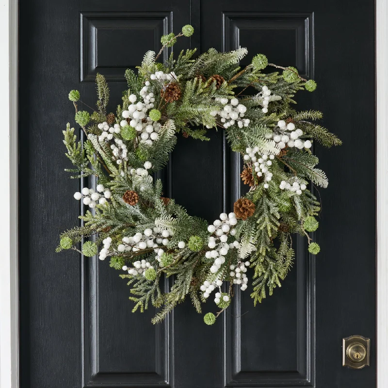 White Sugar Berry, Pinecone & Winter Greenery Christmas Front Door Wreath - Available in 2 Sizes