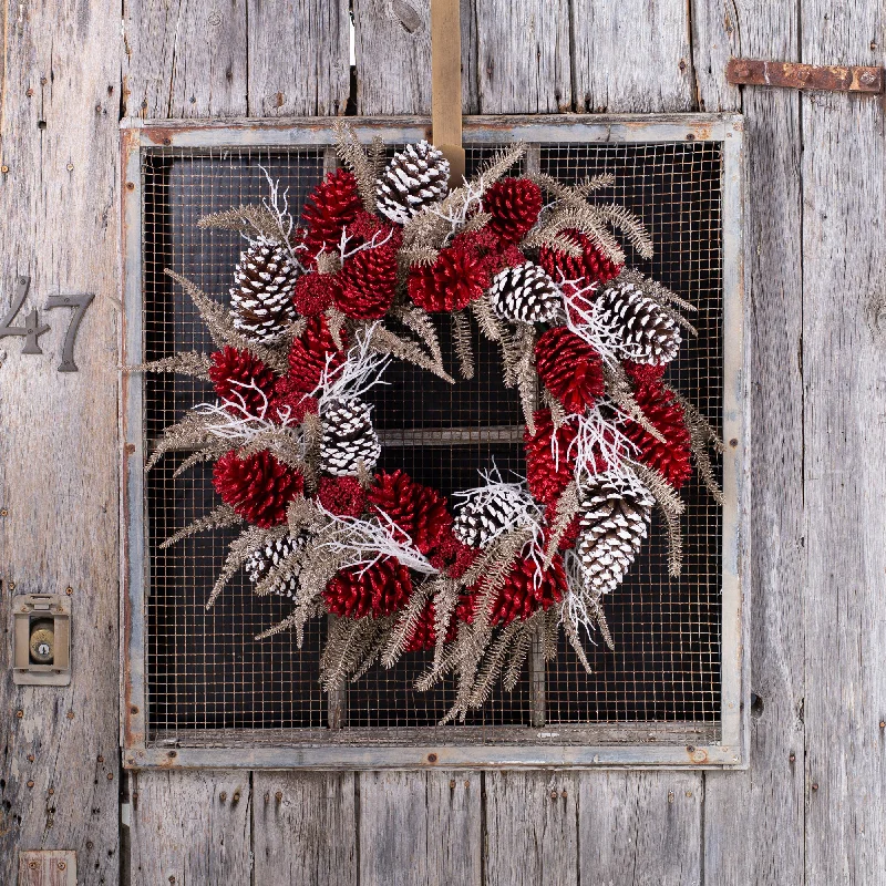 Winter Dreams - Red Glitter & Snow-Kissed Pine Cones, Glittered Pine, Astilbe & Snowball Bush Front Door Holiday Christmas Wreath