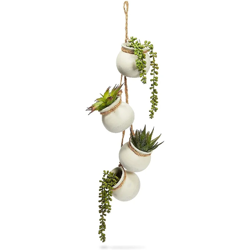 4 White Ceramic Hanging Planter Pots on 23-Inch Jute Rope