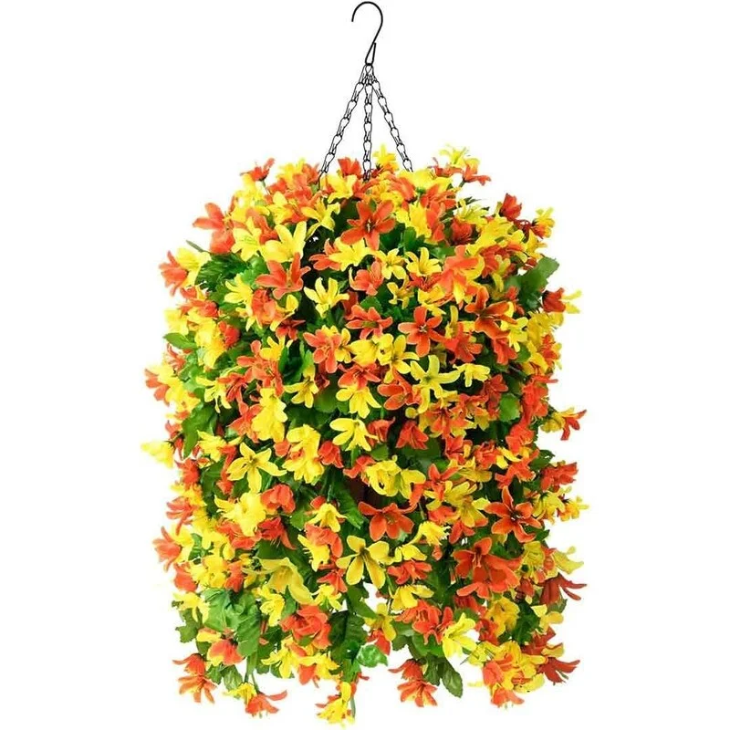 Artificial Hanging Flowers in Basket for Outdoor Spring Decoration,4pcs Faux Silk Violet Flower Bouquet UV Resistant